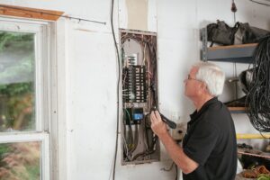 Kỹ thuật viên dùng đèn pin kiểm tra tủ aptomat dân dụng đang mở nắp khi xử lý sự cố thiết bị điện